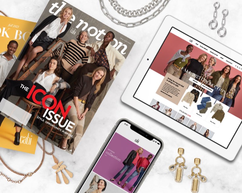 cabi The Notion magazine, cabi website on tablet, and the cabi Tap mobile app on a white background