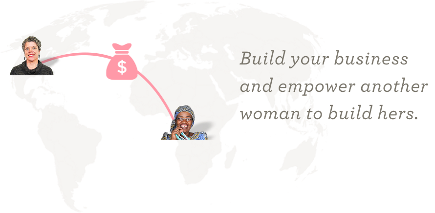 Global map graphic showing a woman's business in the USA empowering another woman's business in Africa