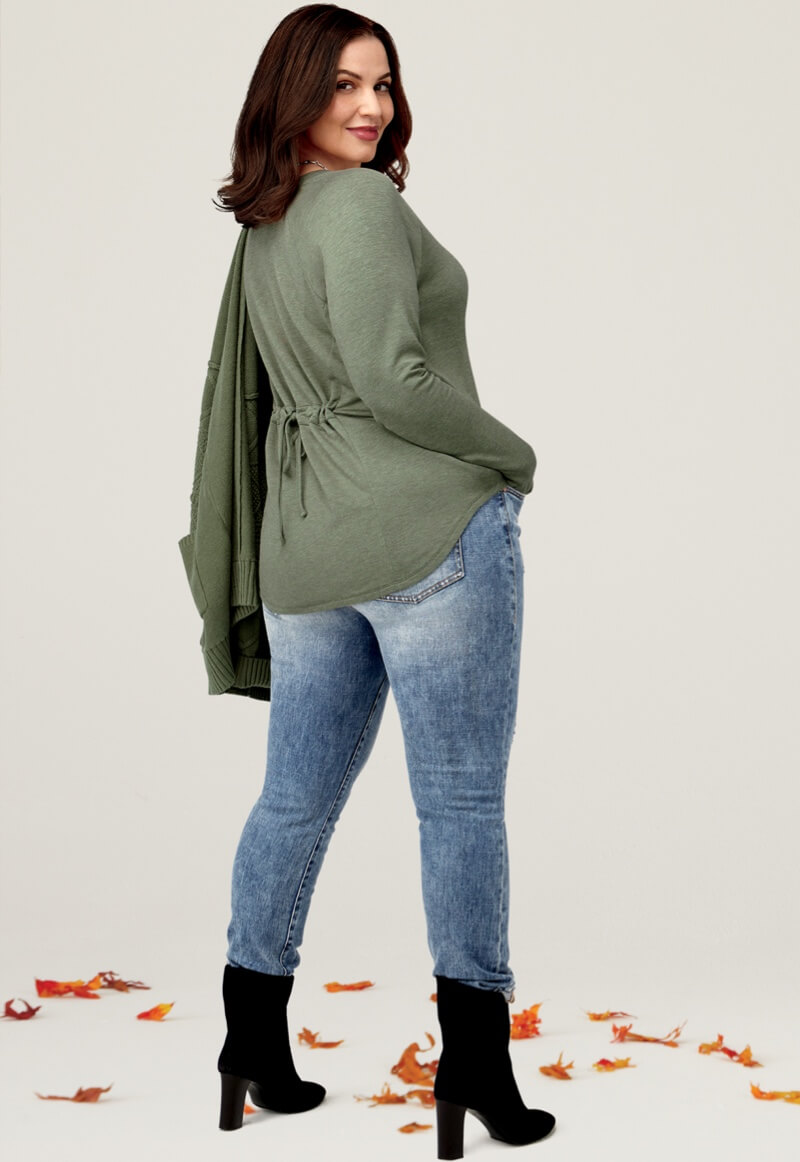 Model wearing Trinity Stitch Cardigan in Olive, Recline Tee in Heather Olive, Cinch Skinny in Adventure Wash.