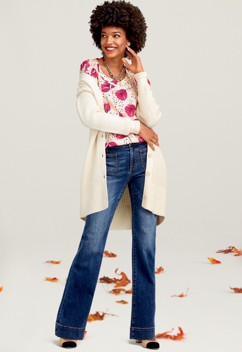 Model wearing Book Club Cardigan in Ivory, Boxy Top in Whimsy Print, Patch Pocket in Trader Wash.