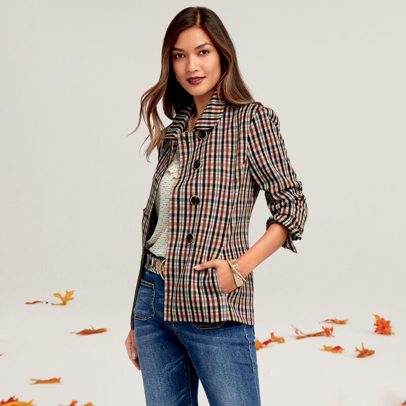 Model wearing Jazzy Jacket in Toffee Plaid, Morse Code Top in Code Print, Patch Pocket in Trader Wash.