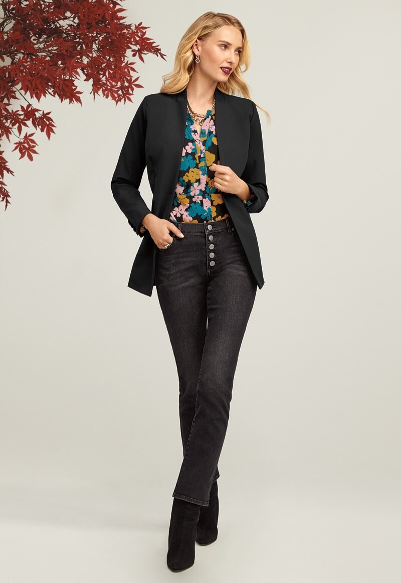 Model wearing Dinner Jacket in Black, Favorite Blouse in Flower Drop, Button Fly Straight in Carbon.