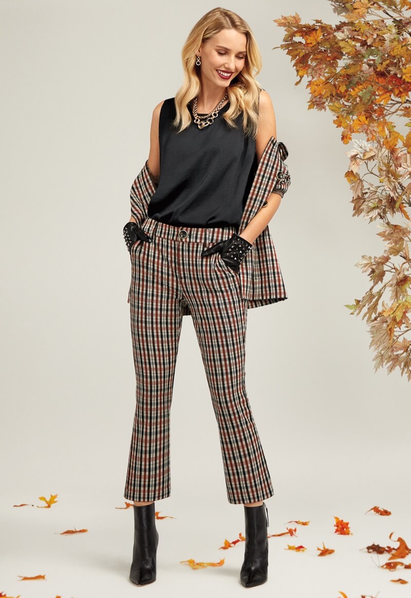 Model wearing Jazzy Jacket in Toffee Plaid, Complete Top in Black, Jazzy Kick Flare in Toffee Plaid.