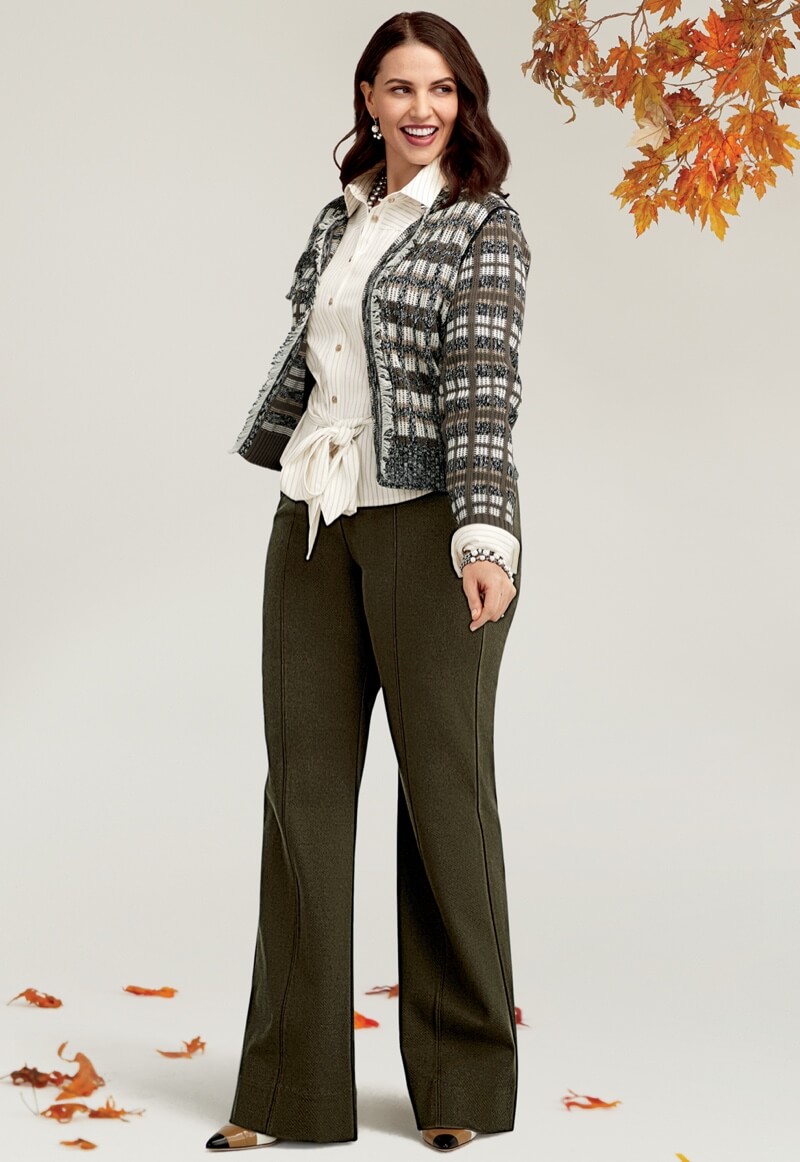 Model wearing Classic Cardigan in Silver, Tied-Up Shirt in Taupe Stripe, Academy Trouser in Wren.
