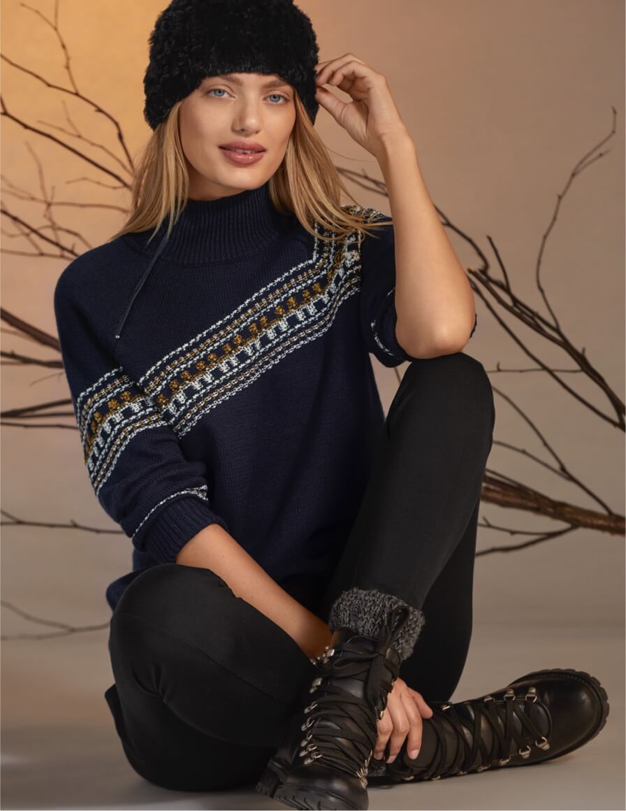 Model wearing Fair Isle Pullover in Dark Sapphire from the New Arrivals collection and Lean Legging in Black from the Mainline Collection.