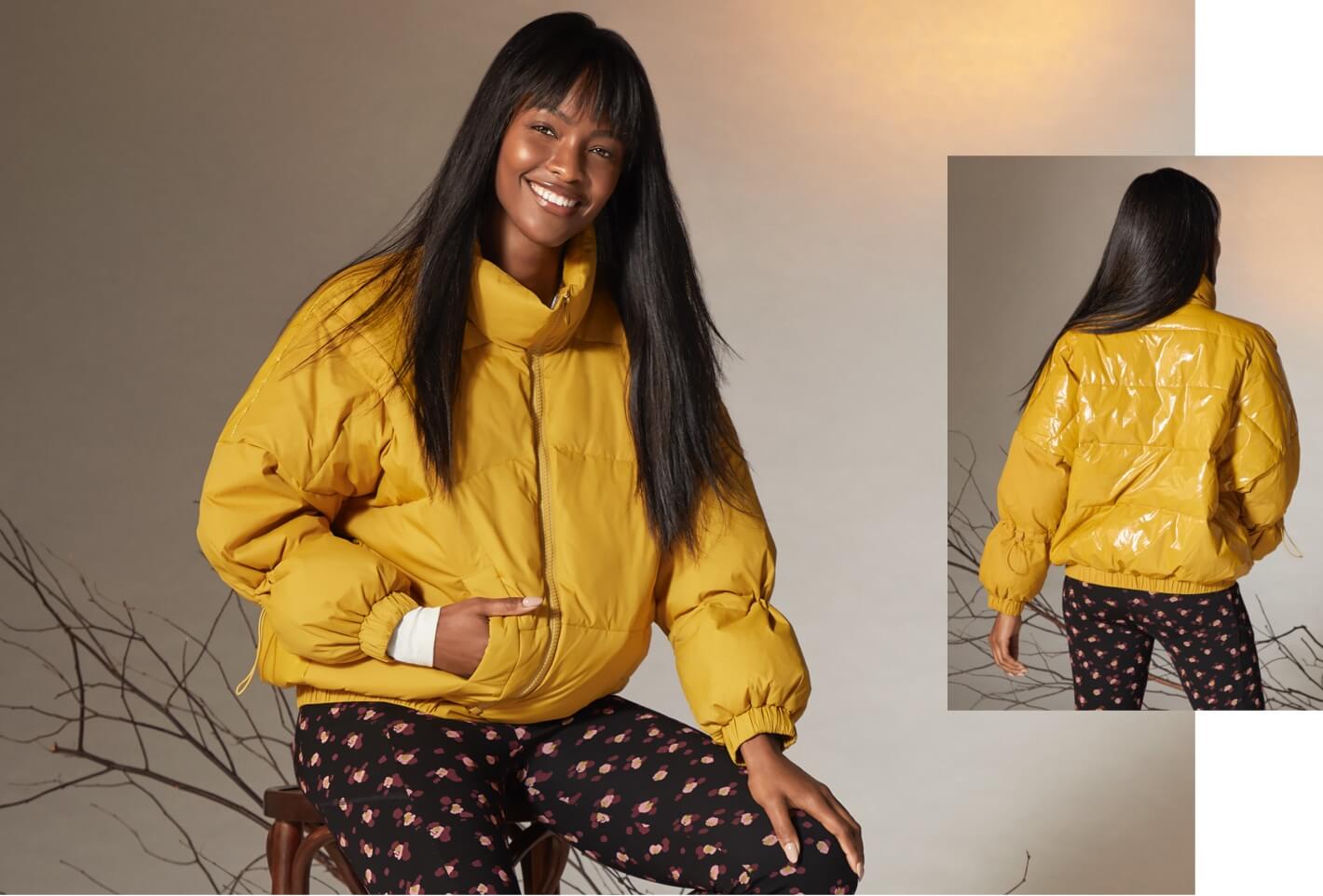 Model wearing the Puff Piece in Acid Yellow from the first New Arrivals Collection and the Printed Lean Legging in Flower Burst from the Mainline Collection.