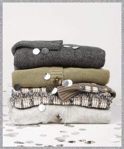 Animated stacked sweaters image featuring the Campfire Pullover in Charcoal, Trinity Stitch Cardigan in Olive, Classic Cardigan in Silver and the Snug Cardigan in Heather Grey.