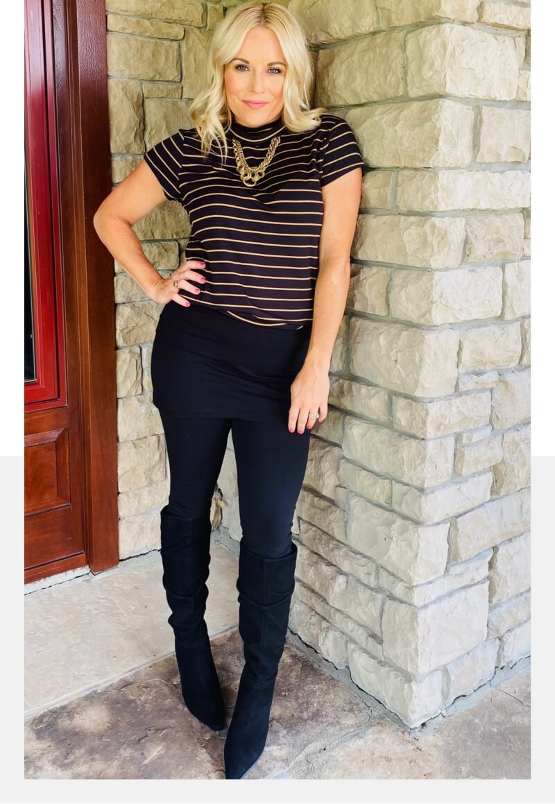 Stylist wearing Slinky Turtleneck in Camel and Black, M'Leggings in Black, Harness Ring Necklace in Antique Gold