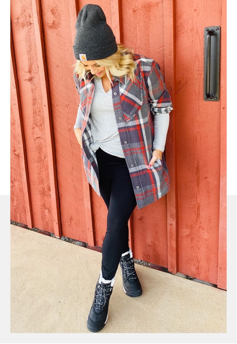 Stylist wearing Simple Tee in Heather Gray, Tavern Shirt in Autumn Plaid, M'Leggings in Black