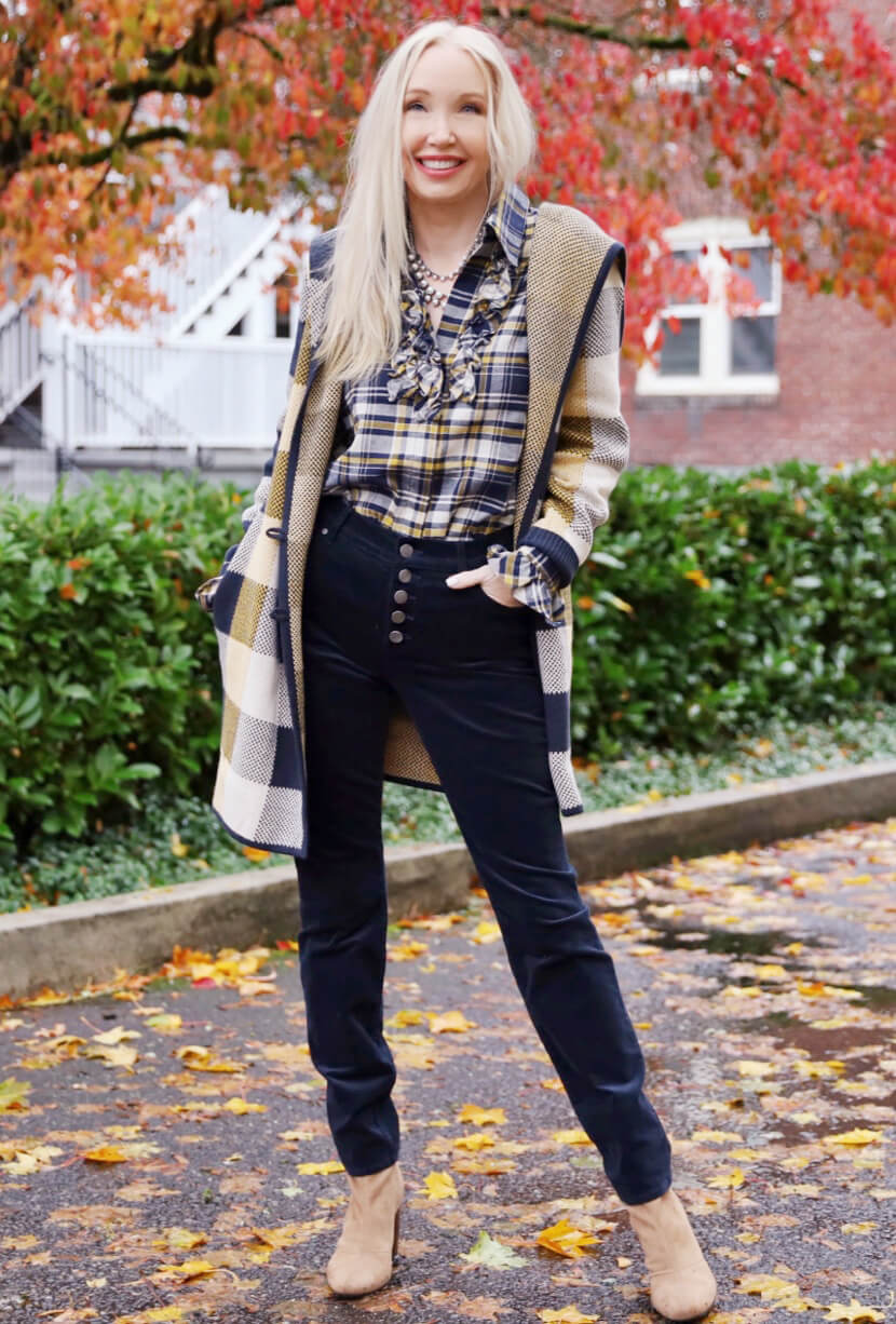 Fashion influencer wearing the Seattle Shirt in Blue Check, Sweater Coat in Yellow Buffalo Check, Button Fly Skinny in Dark Sapphire, and Clutch Necklace in Antique Silver.