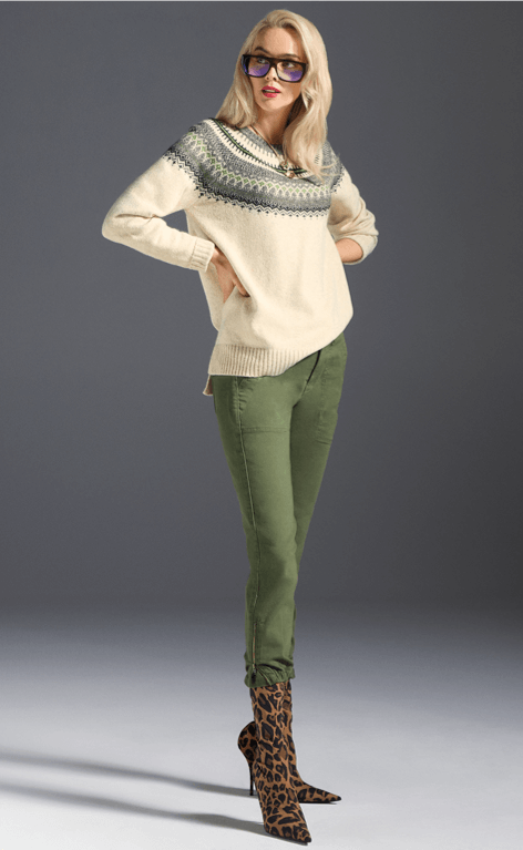 Model Wearing Shetland Pullover in Fair Isle, Compass Pant in Army Green