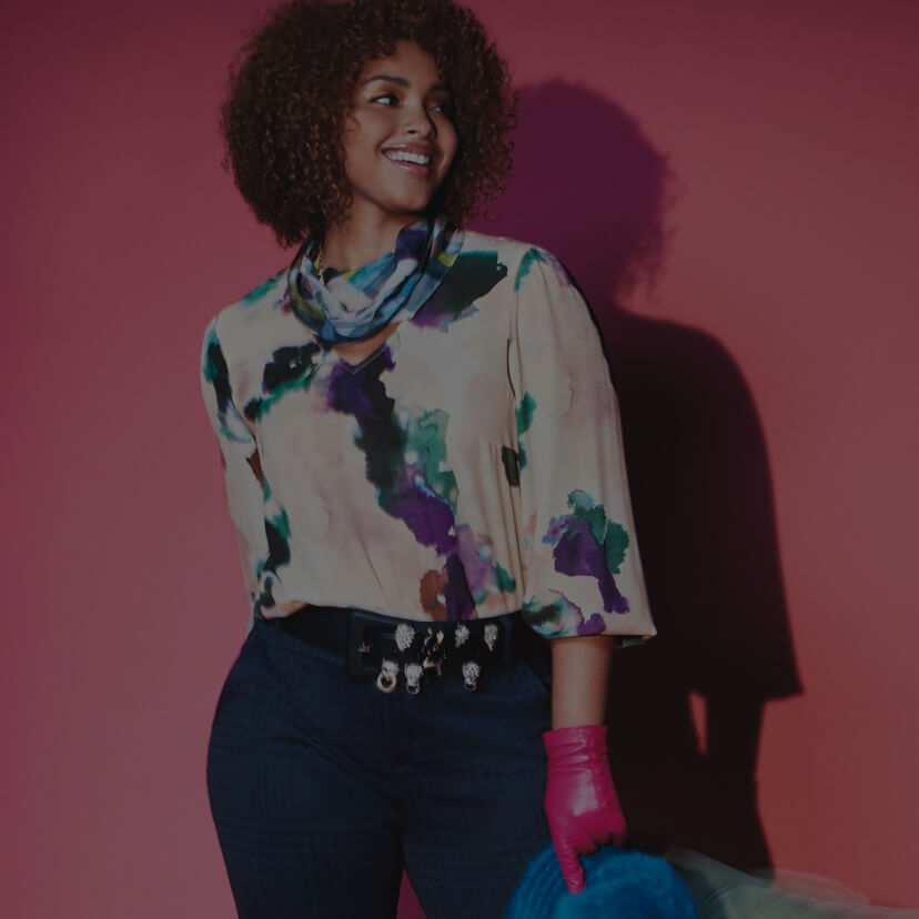 Model Wearing Staple Scarf in Effortless Plaid, Mystic Blouse in Aurora Floral, boss belt in black,  and checkout trouser in Checkout Trouser in Blue Check