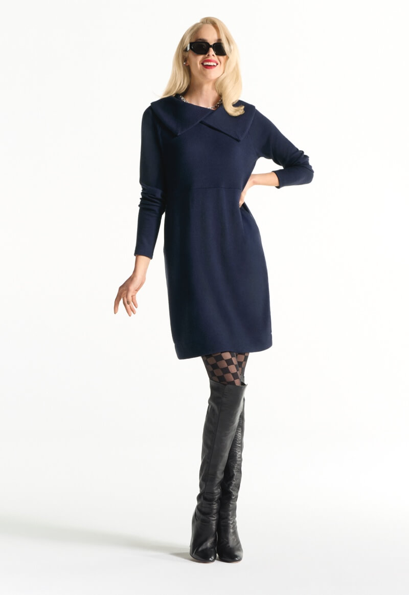 Model Wearing Round Up Dress in Black and Cobalt