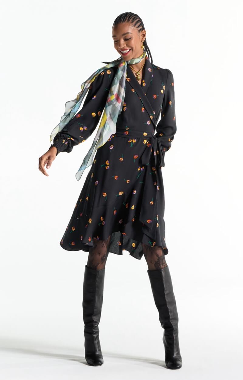 Model wearing Staple Scarf in Effortless Plaid, Divine Dress in Bloom Print