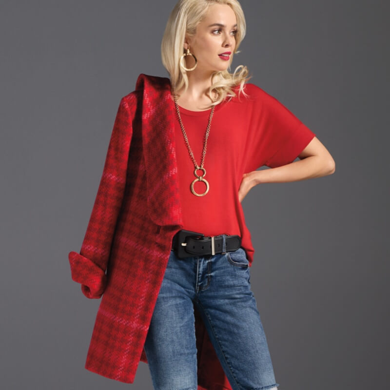 Model Wearing Evita Coat in Red Check, Toss On Tee in Scarlet, The Skinny in Vintage Blue Wash, Flashback Necklace in Gold, Flashback Earrings in Gold