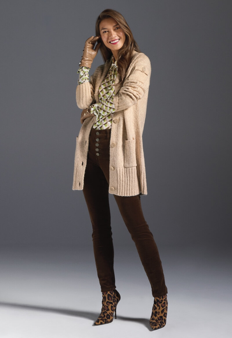 Model Wearing Steady Cardigan in Wheat, Mosaic Mesh Top in Tile Print, Button Fly Straight in Indigo Wash