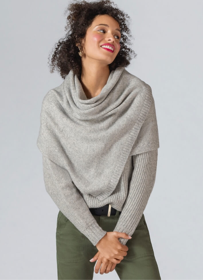 Model Wearing Wrap Pullover in Light Heather Gray, Compass Pant in Army Green, Boss Belt in Black, Jaguar Necklace in Gold, and Jaguar Earrings in Gold.
