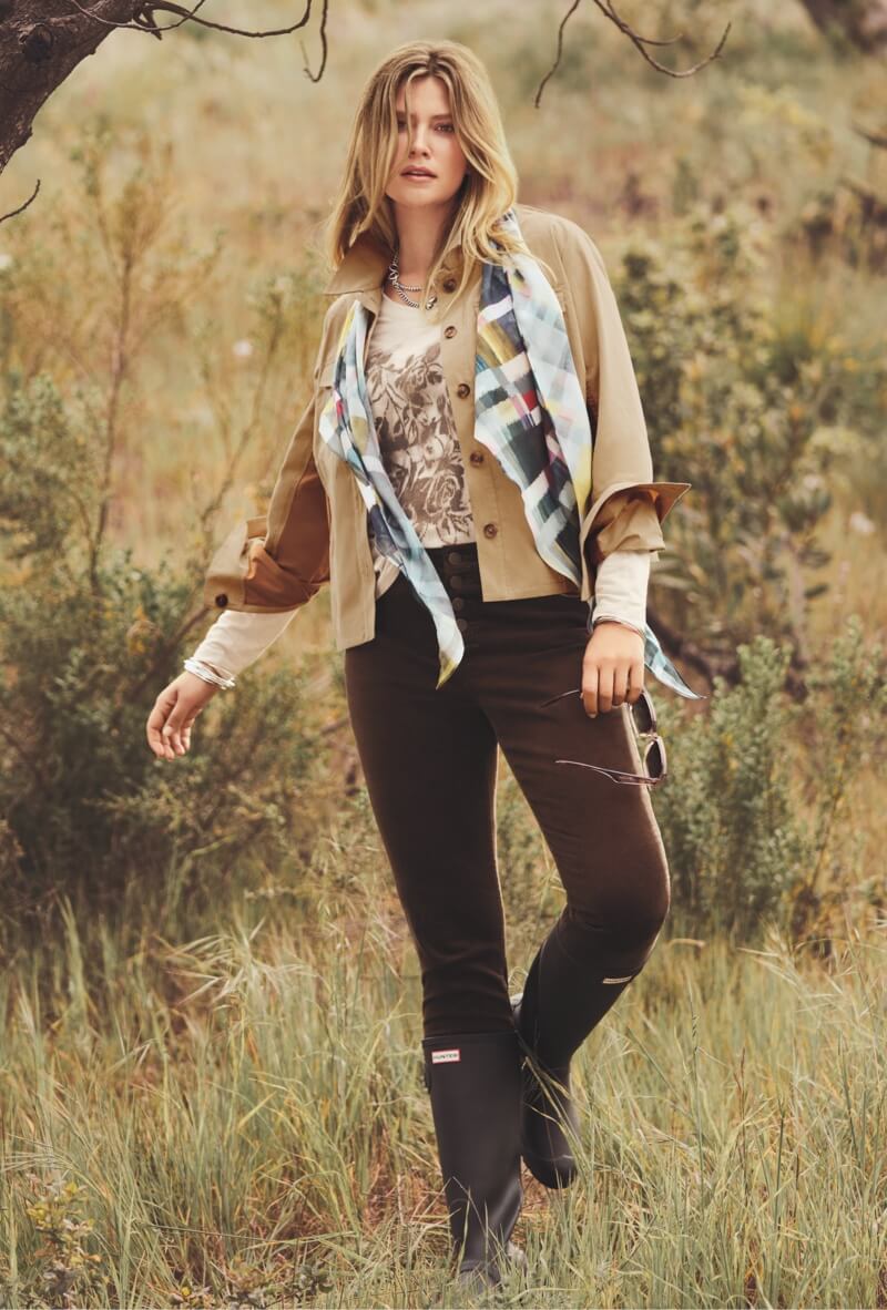 Model wearing Staple Scarf in effortless plaid, Mason Jacket in Tan, Airbrush Tee in Blooming, Button Fly Skinny in Ganache, and Stellar Necklace in Silver