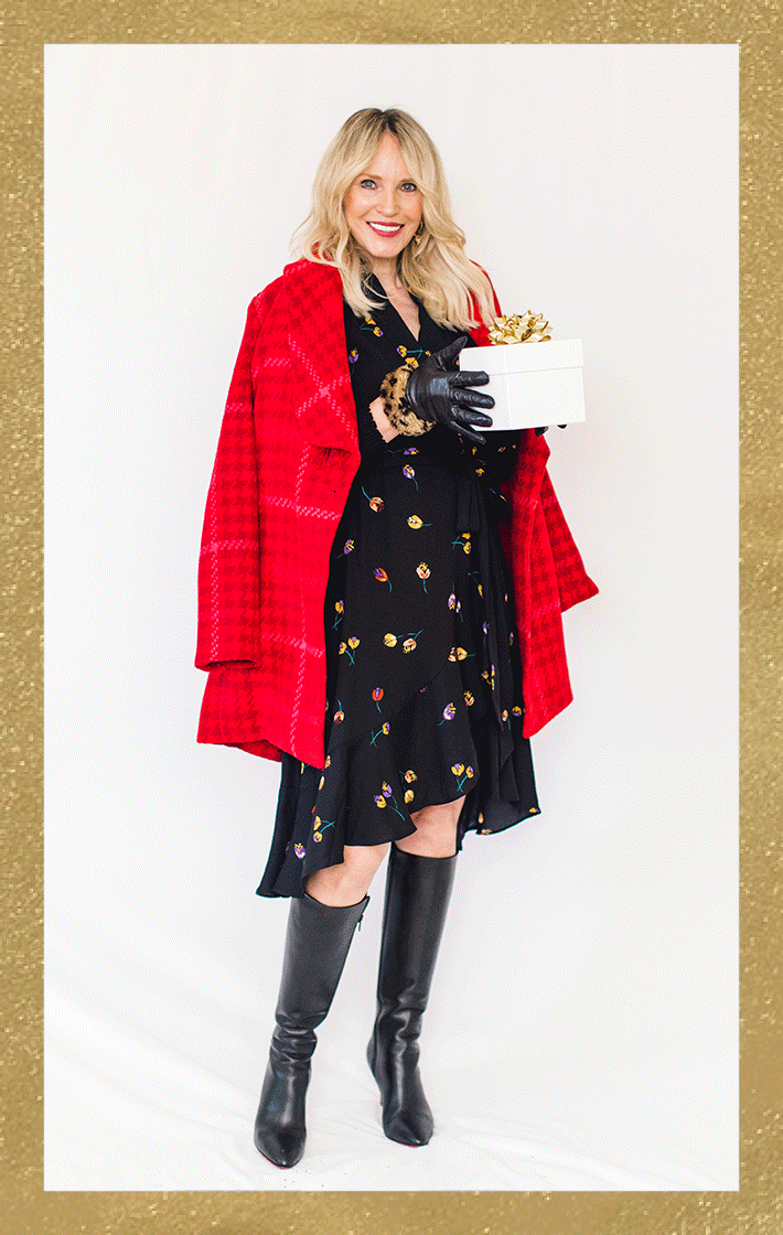 Influencer model wearing Divine Dress in Bloom Print, and Evita Coat in Red Check.