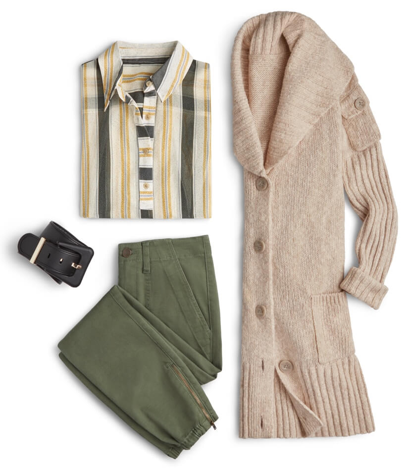 Flatlay of outfit featuring Caliber Blouse in Stone Stripe, Compass Pant in Army Green, Steady Cardigan in Wheat, and Boss Belt in Black.