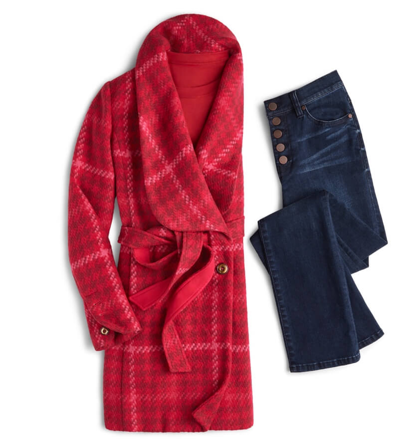 Flatlay of outfit featuring Evita Coat in Red Check, and Button Fly Straight in Indigo Wash.