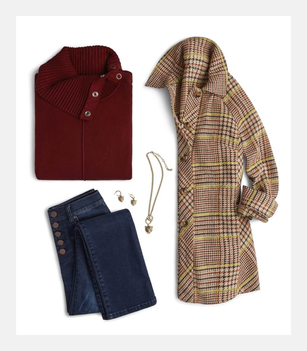 Flatlay of outfit featuring Pushover Pullover in Firebrick, Button Fly Straight in Indigo Wash, Yorkshire Shacket in Autumn Plaid, Jaguar Necklace in Gold, and Jaguar Earrings in Gold.