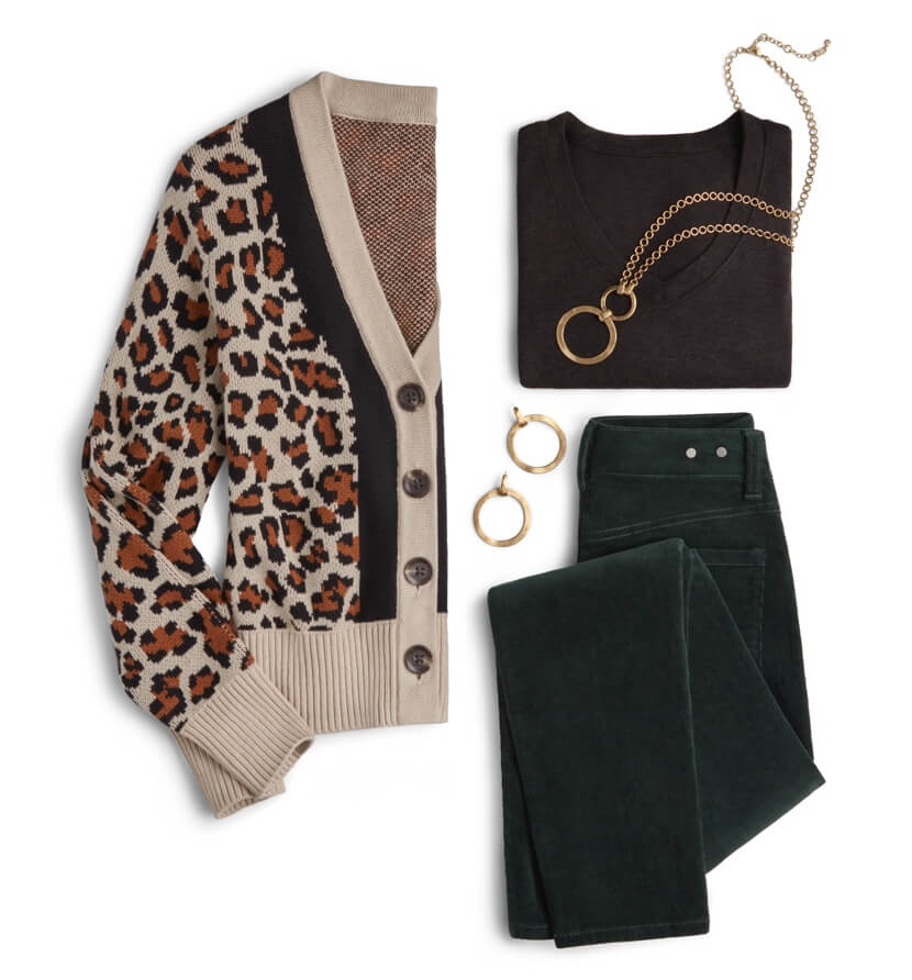 Flatlay of outfit featuring Nine Lives Cardigan in Leopard, Serenity Tee in Black Coffee, Button Fly Skinny in Ganache, Flashback Necklace in Gold, and Flashback Earrings in Gold.