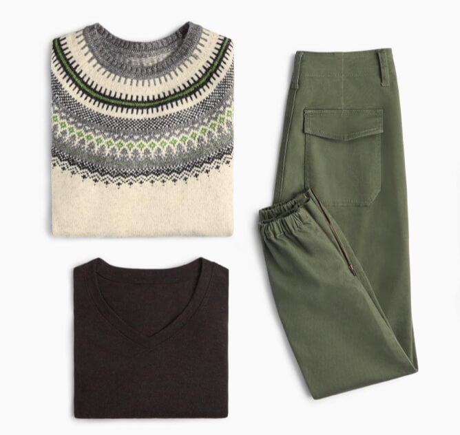  Flatlay of outfit featuring Shetland Pullover in Fair Isle, Serenity Tee in Black Coffee, and Compass Pant in Army Green.