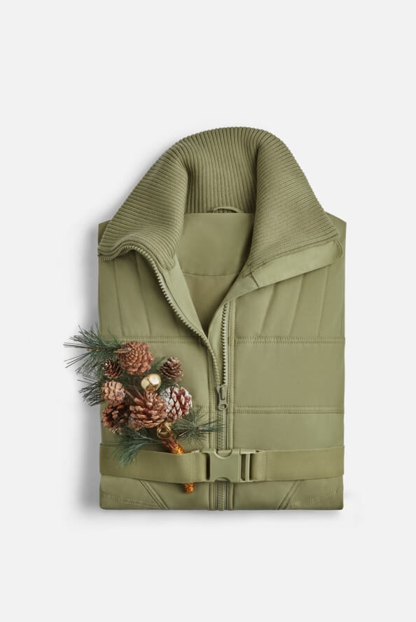 Ski Lift Puffer in Sage with pinecone prop.