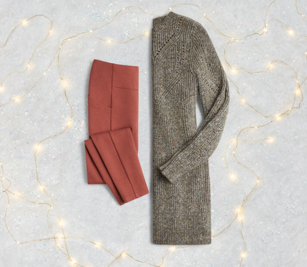  flatlay of set on snowflakes and lights featuring Lean Legging in Heather Amber, and The Tunic Dress in Artichoke