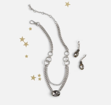 Stellar Necklace in Silver, and Stellar Earrings in Silver as a set with gold accents.