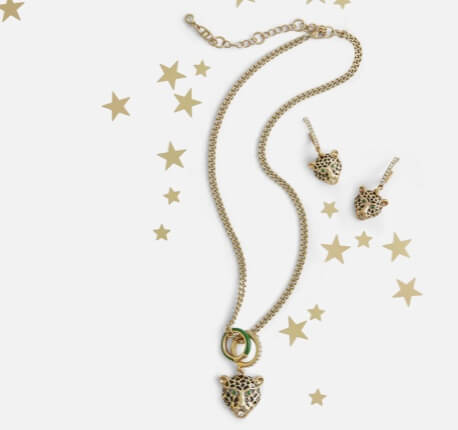 Jaguar Necklace in Gold, and Jaguar Earrings in Gold as a set with gold accents.