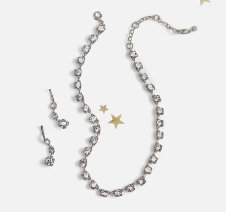 Dazzle Necklace in Silver, and Dazzle Earrings in Silver as a set with gold accents.