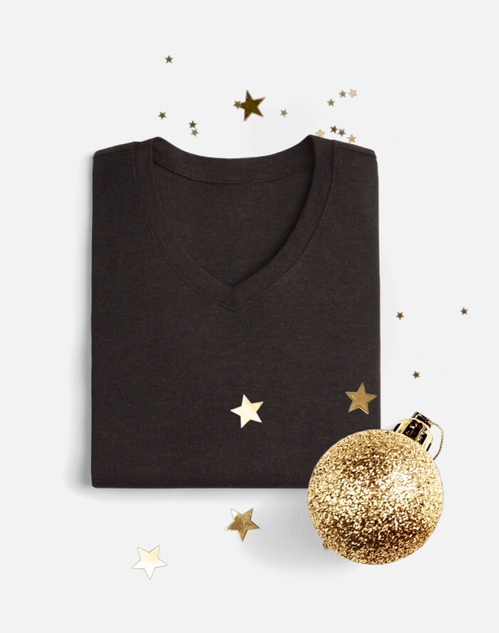 Serenity Tee in Black Coffee with gold holiday accents.