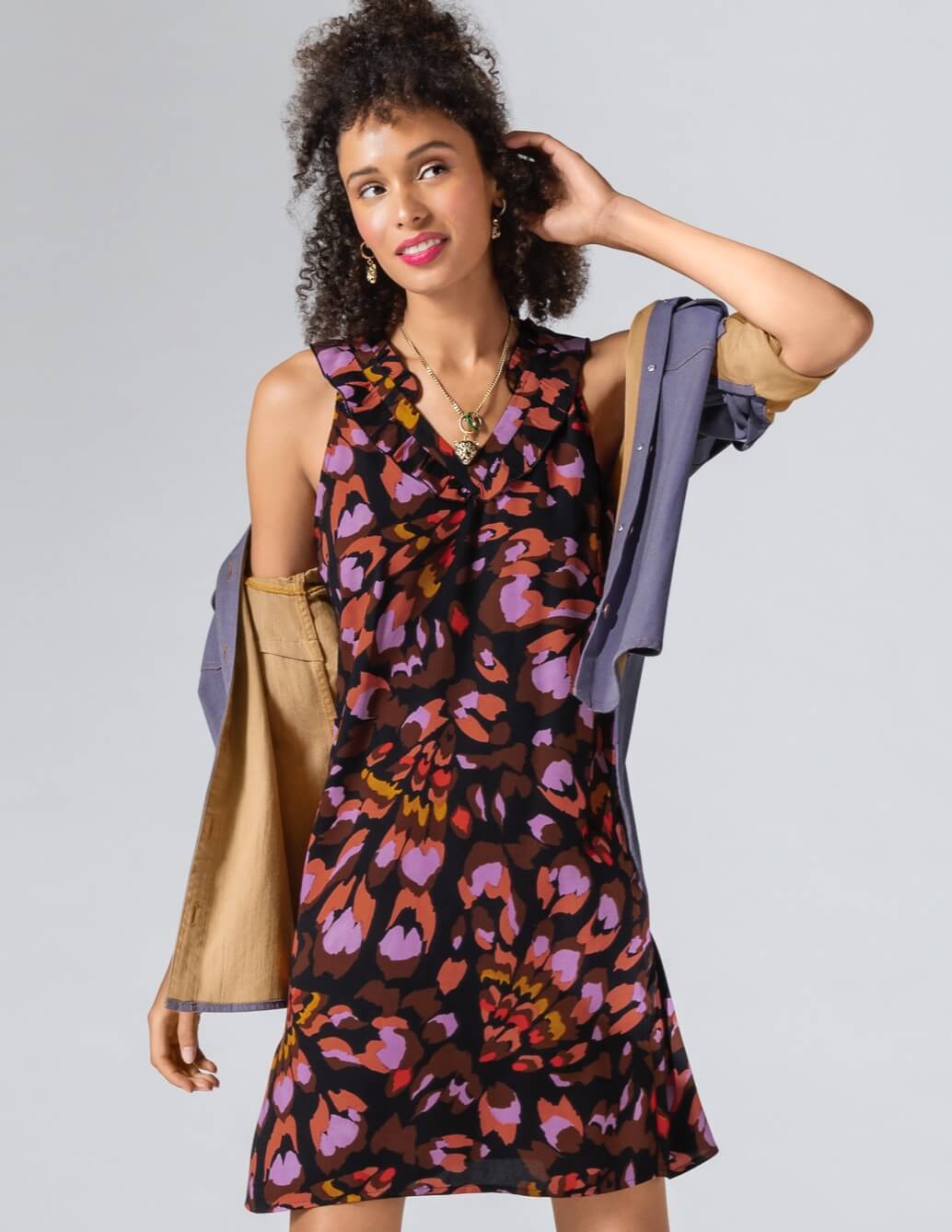 Model Wearing Workshop Jacket in Lilac, Monarch Dress in Multi, Jaguar Earrings in Gold, Jaguar Necklace in Gold.