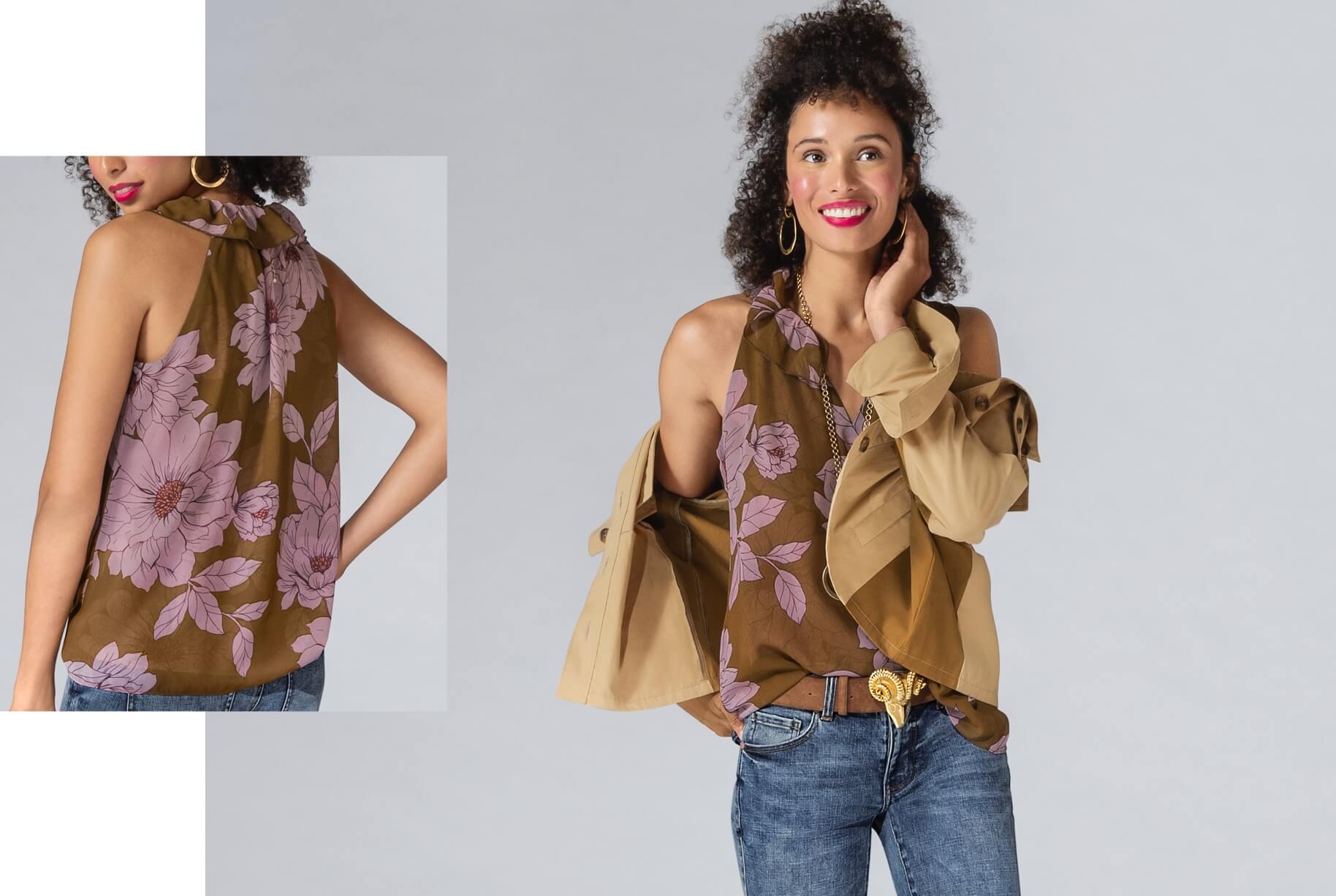 Model Wearing Mason Jacket in Tan, Hothouse Top in Climbing Rose, The Skinny in Vintage Blue Wash, Flashback Earrings in Gold, Flashback Necklace in Gold.