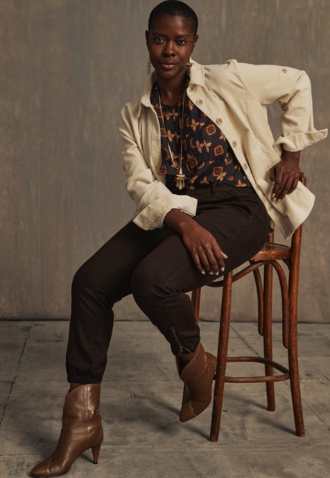 Model is wearing Louis Top in Medallion Print, Scout Jacket in Bone, and Compass Pant in Dark Chocolate.