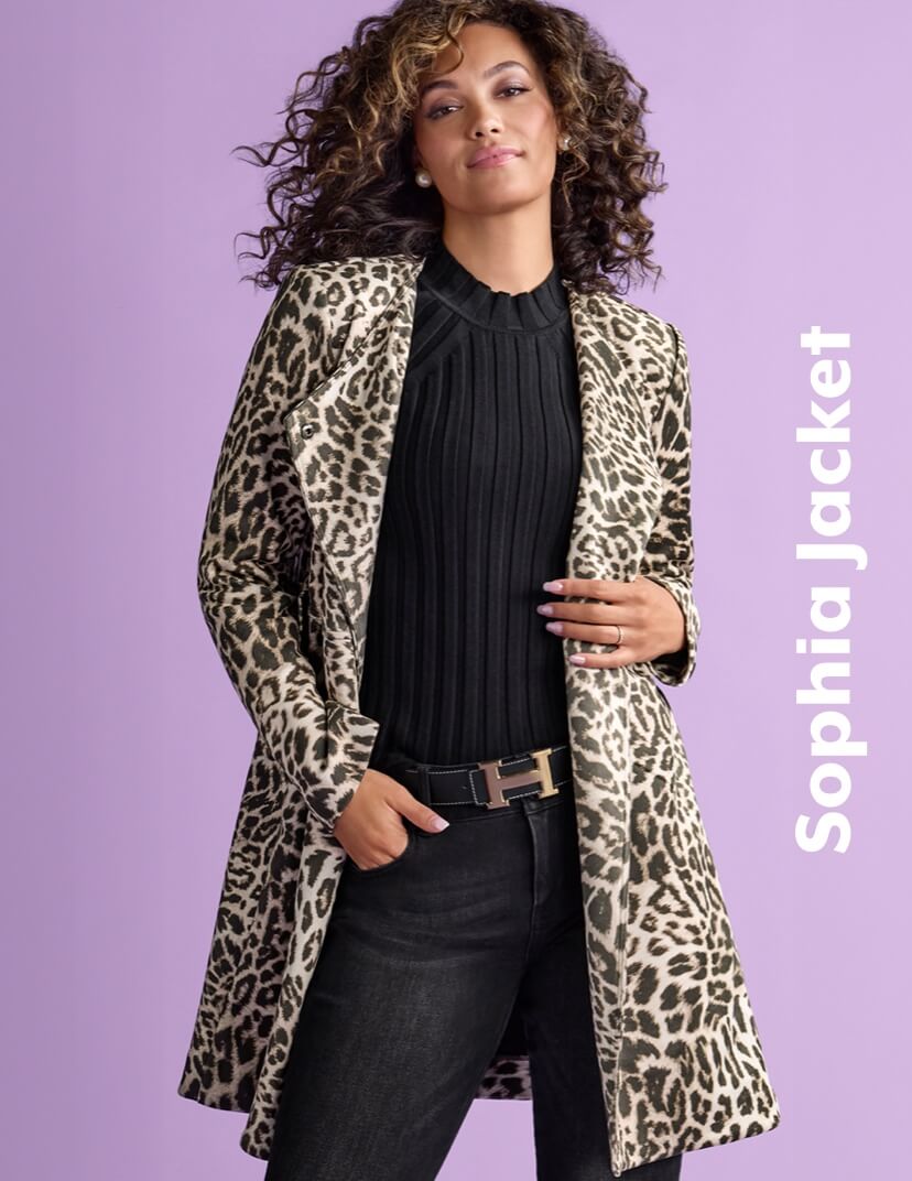 Model wearing Sophia Jacket in Leopard Print, Contour Turtleneck in Black, High-Low Crop in Washed Black