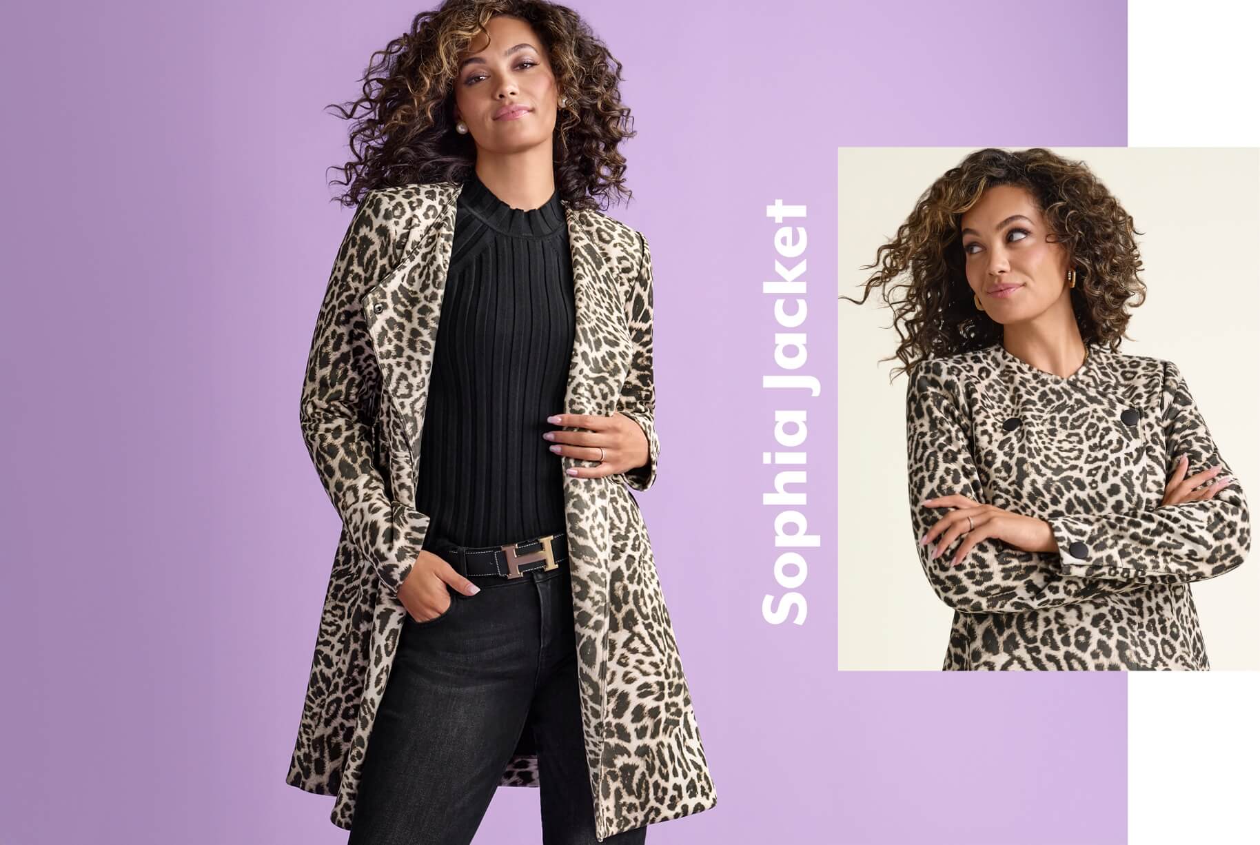Model wearing Sophia Jacket in Leopard Print, Contour Turtleneck in Black, High-Low Crop in Washed Black