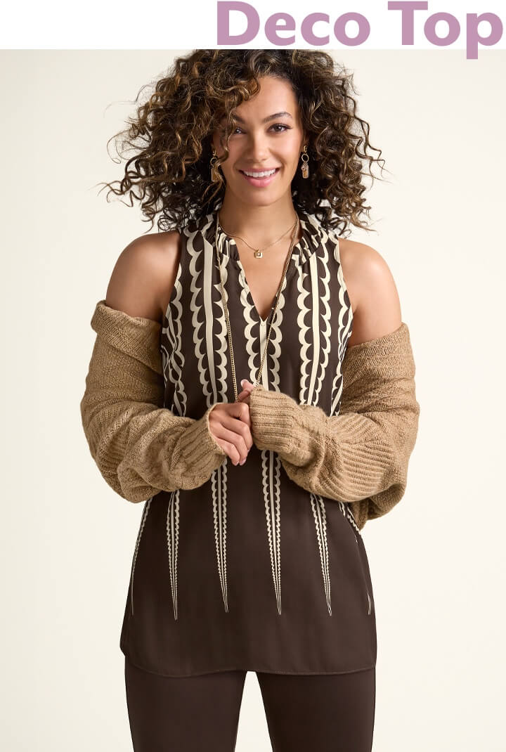 Model wearing Deco Top in Scroll Print, Zip Legging in Dark Chocolate, Neighbor Cardigan in Heather Camel, Fable Earrings in Gold, Fable Nacklace in Gold
