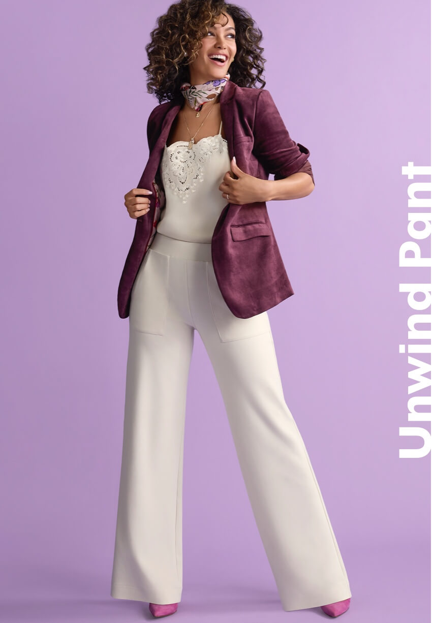 Model wearing Unwind Pant in Bone, Williams Jacket in Vineyard, Baroque Cami in Bone, and J'Adore Scarf in Multi, Fable Earrings in Gold, Fable Nacklace in Gold