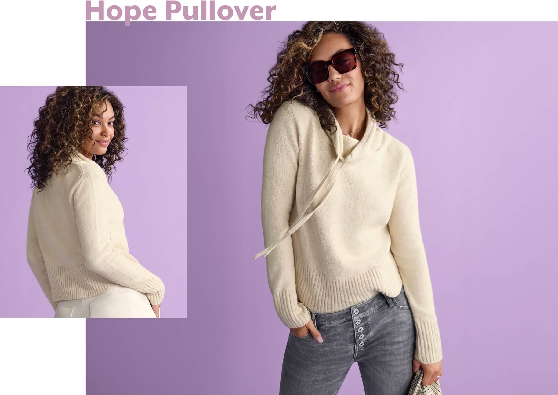 Model wearing Hope Pullover in Bone and Button Fly Straight in Steel Gray