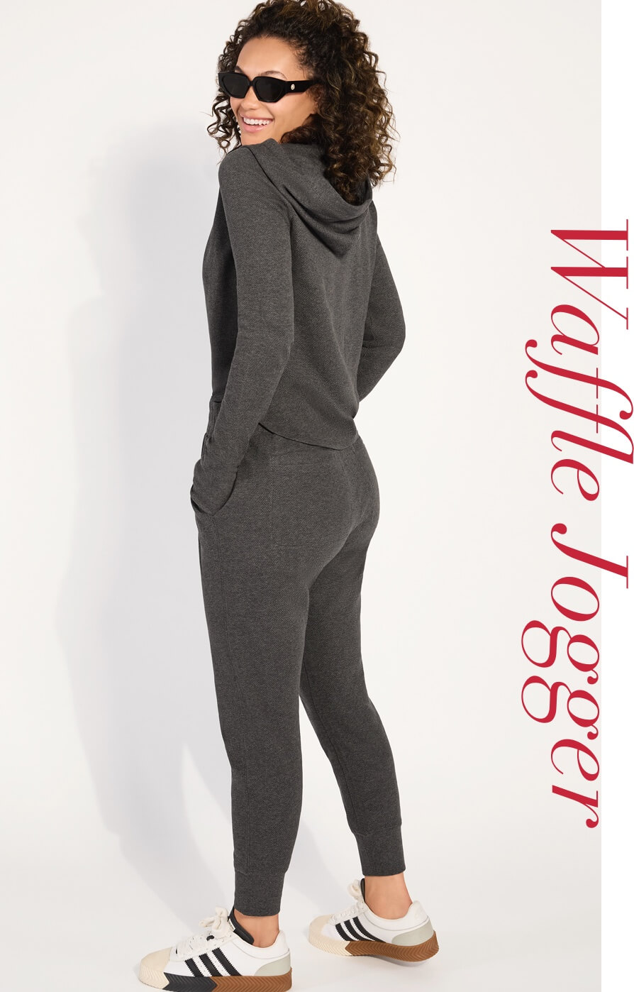 Model wearing Waffle Hoodie in Dark Charcoal and Waffle Joggers in Dark Charcoal