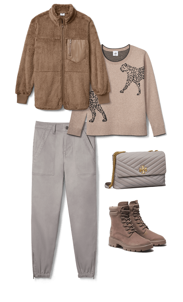 Look with Theodore Coat in Caramel, Cheetah Pullover in Animal, Compass Pant in Chinchilla, a neutral purse, and brown boots.