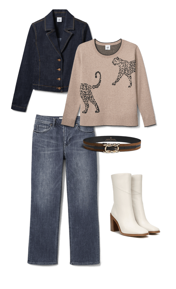 Look with Johnny Jacket in Original Wash, Cheetah Pullover in Animal, Soho Jean in Vintage Wash, Twist Belt in Black and Brown, and white boots.