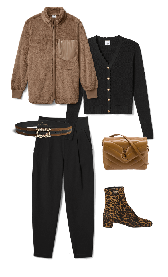 Look with Theodore Coat in Caramel, Treasure Cardigan in Black, Chilling Pant in Black, Twist Belt in Black and Brown, a brown leather purse and cheetah print boots.