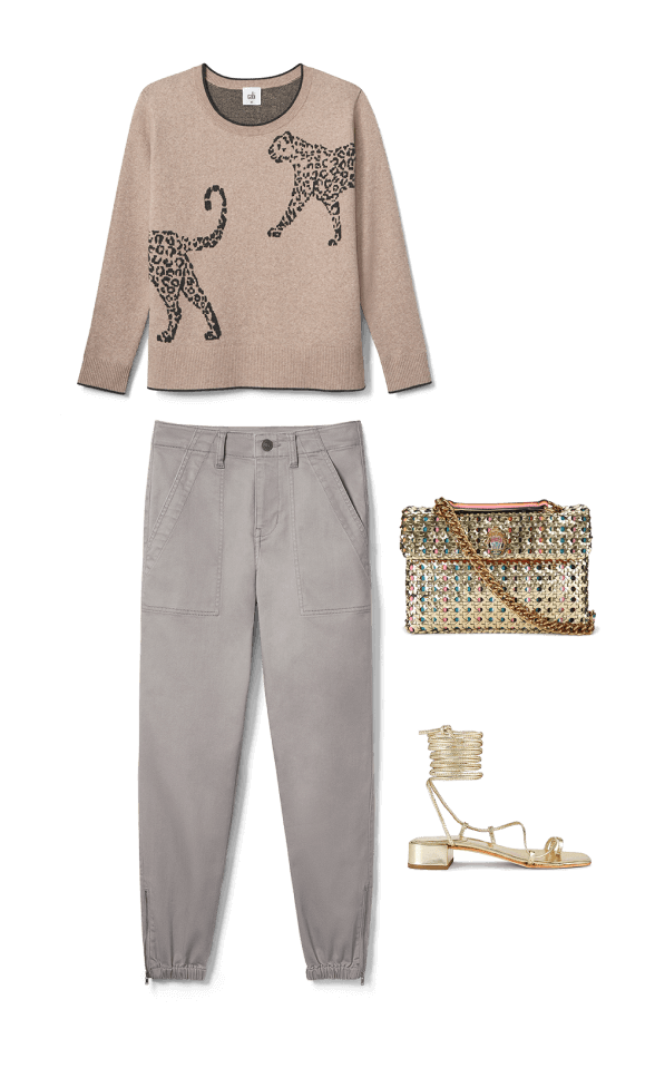 Look with Cheetah Pullover in Animal, Compass Pant in Chinchilla, a gold purse, and gold tie-up sandals.