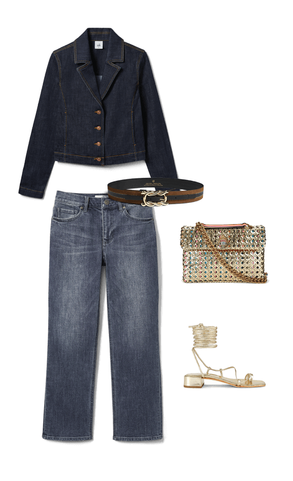 Look with Johnny Jacket in Original Wash, Soho Jean in Vintage Wash, Twist Belt in Black and Brown, a gold purse, and gold tie-up sandals.