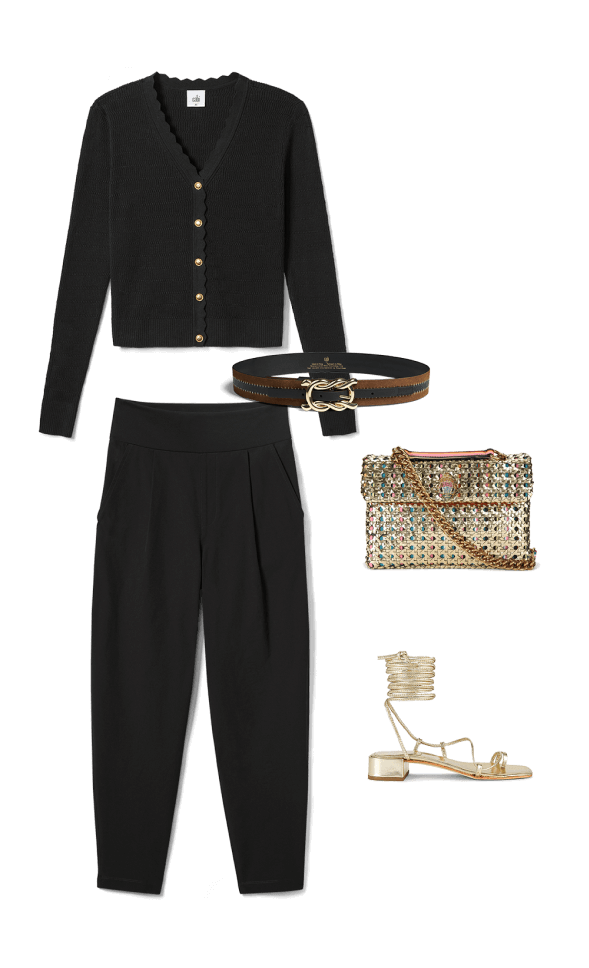 Look with Treasure Cardigan in Black, Chilling Pant in Black, Twist Belt in Black and Brown, a gold purse, and gold tie-up sandals.