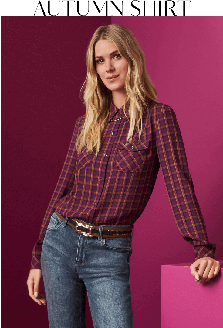 Model wearing Autumn Shirt in Autumn Plaid, Soho Jean in Vintage Wash, Twist Belt in Black and Brown, and Alias Necklace in Gold.